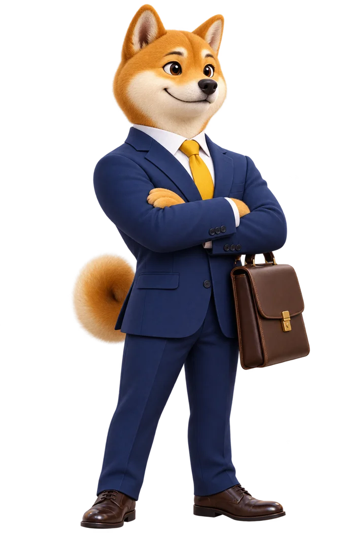 Shiba Inu lawyer in a navy suit with a briefcase
